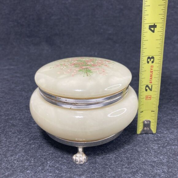 Vintage Italian Alabaster Trinket Jewelry Box Floral Bouquet Round 3" Wide Italy - Picture 7 of 11